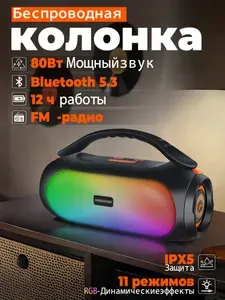 Портативная колонка беспроводная 80Вт Audishako ADS800 с 11 RGB-режимов,Bluetooth 5.3,FM-радио,3 EQ-режима,TWS,3600 мАч,IPX5,USB/TF/AUX