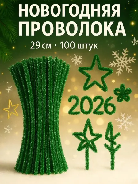 BANUIS Новогодняя синельная проволока зелёная для поделок 29 см