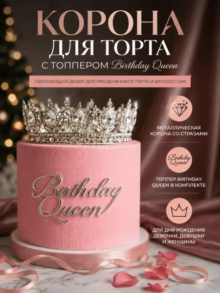 Корона серебряная на торт декор birthday queen девочке