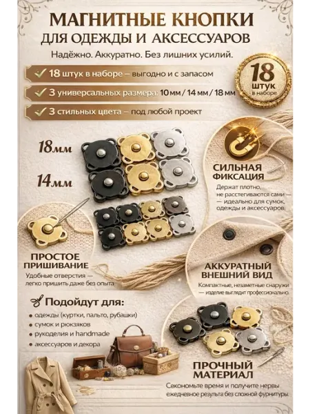 Кнопки пришивные магнитные набор 18 шт