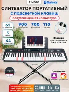 Синтезатор Aimoto SmartPiano Plus полувзвешенная клавиатура, 61 клавиша, подсветка, 3 режима обучения, 900 тембров 700 ритмов 110 демо, пианино, полифония 64 голоса, запись, MP3, черный