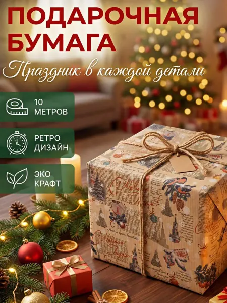 Упаковка Подарки Упаковочная бумага новогодняя для подарков крафт рулон 10м
