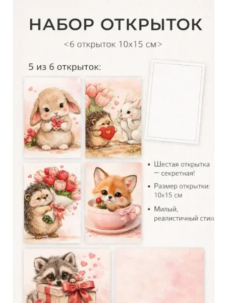 Открытки, 14 февраля, валентинки 6 штук 10х15 см