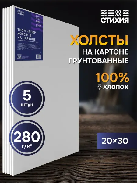 СТИХИЯ Холст для рисования на картоне 20х30 см набор 5 шт