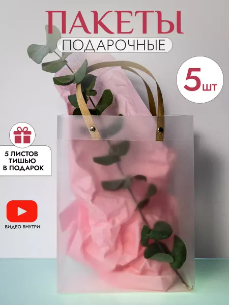 PODAROK.Ок Пакеты подарочные прозрачные 21x27x11 с бумагой тишью 5 шт
