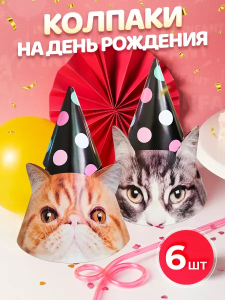 INFANT Колпак на день рождения Котики кошки праздничный набор 6 шт