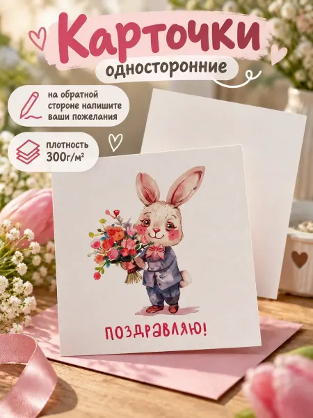 Tydzen Мини-открытки "Поздравляю!" (зайчик с букетом) 25 штук