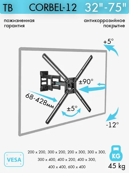 Kromax Кронштейн для телевизора 32"-75" настенный CORBEL-12