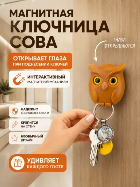 BANUIS18 Настенная ключница Сова коричневая магнитная для ключей