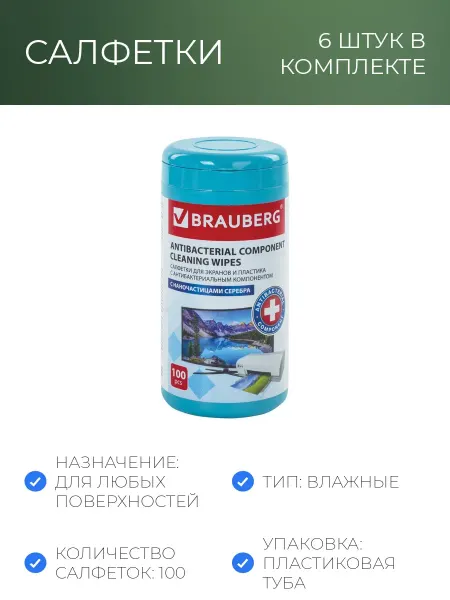 Brauberg Салфетки АНТИБАКТЕРИАЛЬНЫЕ ДЛЯ МОНИТОРОВ, ОПТИКИ И ПЛАСТИКА
