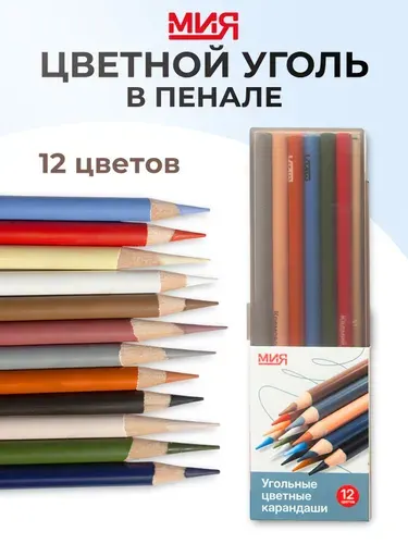 Угольные цветные карандаши МИЯ, 12 цветов