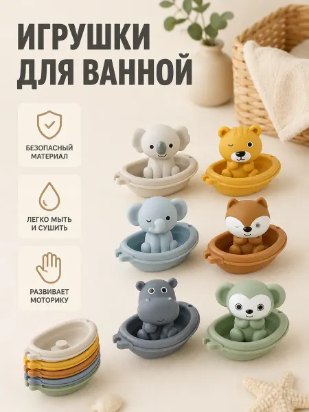 Игрушки для ванной лодочки и зверята 12 предметов