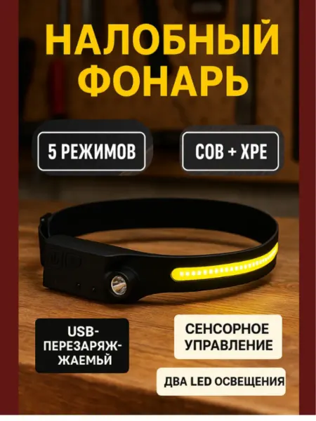 Налобный сенсорный фонарь USB светодиодный светильник