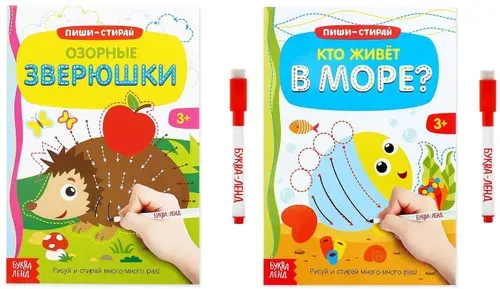 Многоразовые книжки "Напиши и сотри. Развиваем мелкую моторику" с маркером, готовим руку к письму, набор пиши-стирай с развивающими заданиями, 2 шт. по 12 стр.