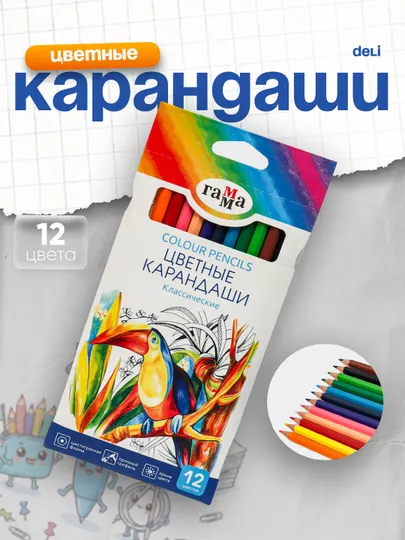Карандаши цветные "Классические", 12 цветов, заточенные, картонная упаковка, европодвес