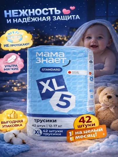 Подгузники-трусики детские стандарт XL (12–17 кг), 42 шт, ночные