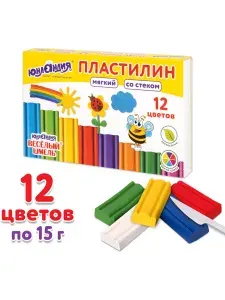 Пластилин для лепки детский набор 12 цветов со стеком, мягкий для малышей, классический для школы, 180 грамм, коробка, Юнландия Веселый шмель