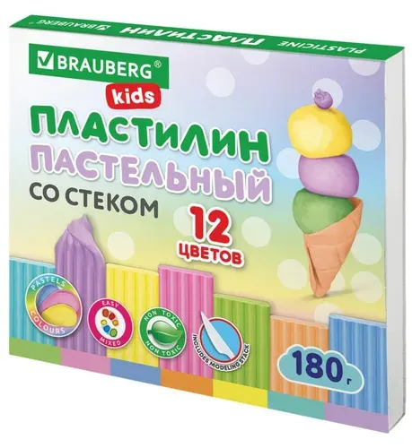 Пластилин классический, пастельные цвета, 12 цветов, 180 г // BRAUBERG