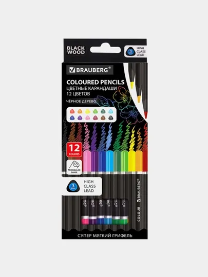 Карандаши цветные BRAUBERG «BLACK WOOD» 12 цветов трехгранные мягкий грифель 3 мм 181948