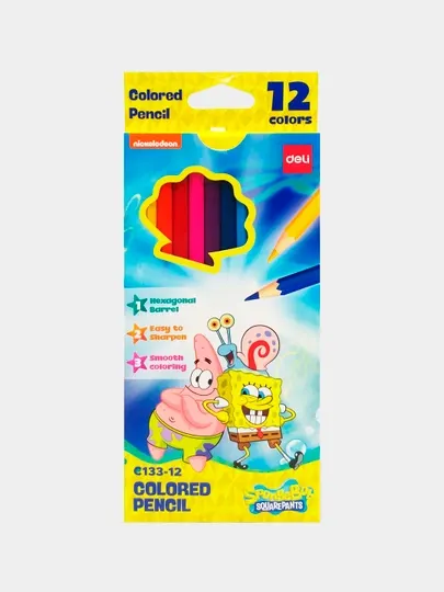 Цветные карандаши Deli EC133-12 "SpongeBob", 12 цветов, 3 мм, 6-гранные
