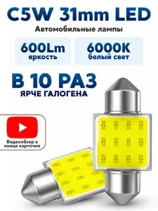 Автомобильная светодиодная лампа C5W (31мм) LED для подсветки салона, багажника, номерного знака (12В) свет белый, 2 шт