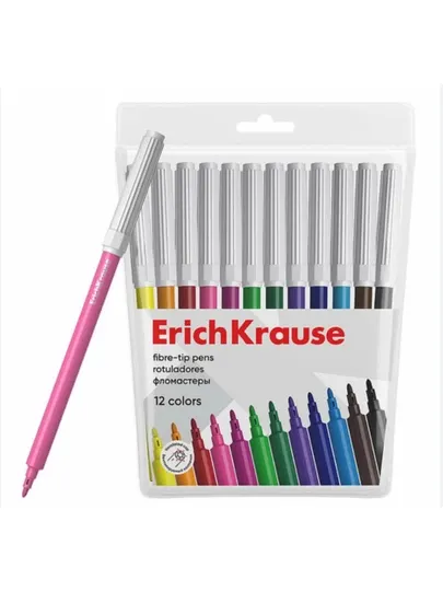 Фломастеры ErichKrause, 12 разных цветов, в евро-коробке с подвесным креплением, 12 штук, артикул 53368.