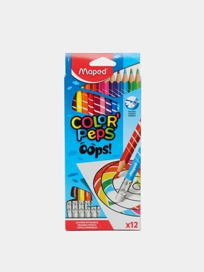 Карандаши цветные Maped Colorpeps Oops 12 цветов трехгранные c ластиком, 832812