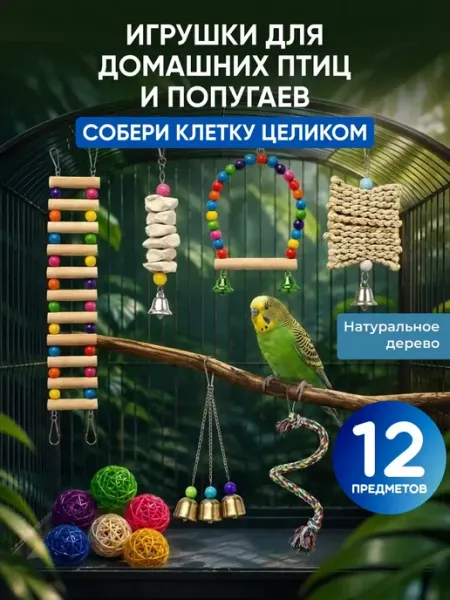 Big Jungle Набор игрушек для попугая волнистого в клетку 12 предметов