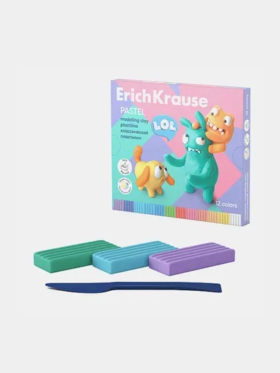 Пластилин классический ErichKrause Jolly Friends Pastel 12 цветов со стеком, 216 гр