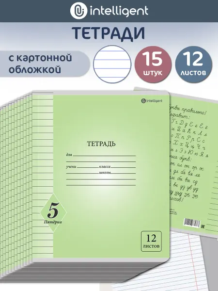 Intelligent Тетрадь 12 листов в линию 15 штук