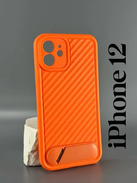 Чехол на iPhone 12, оранжевый с подставкой
