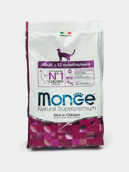 Сухой корм Monge для взрослых кошек с 12 месяцев, курица, 400 гр