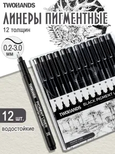 Набор пигментных линеров TWOHANDS, чёрный, 12 штук, 12 вариантов толщины линии, пластиковой футляр