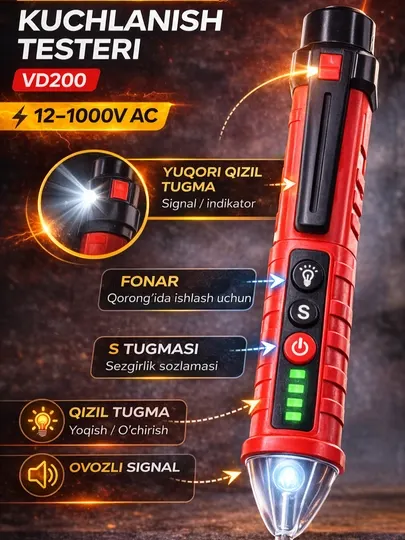 Бесконтактный тестер напряжения VD200 12-1000V AC, индикатор фазы