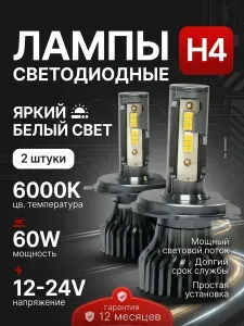 Лампы автомобильные светодиодные LED H4 6000K 12-24В 2 шт