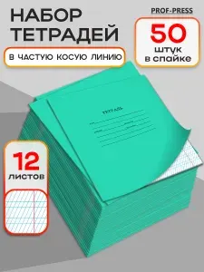 Тетрадь на скрепках 12 л 50 шт в частую косую линейку Prof-Press 12-3410, A5