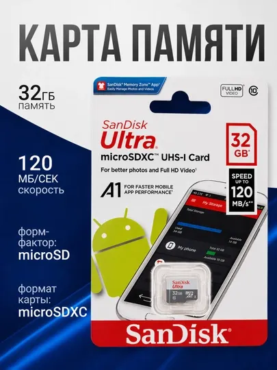 Карта памяти SanDisk Ultra, 8/16/32/64/128/256/512 ГБ, 120 МБ/с, Micro SD
