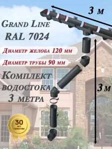 Водосточная система Grand Line 3 м ( 120мм/90мм ) графит RAL 7024 водосток для крыши пластиковый Гранд Лайн ( серый ) комплект ПВХ