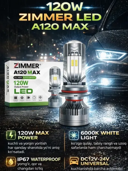 Светодиодные лампы для автомобиля Zimmer A120 Max, 120 Вт, 6000K, 2 шт