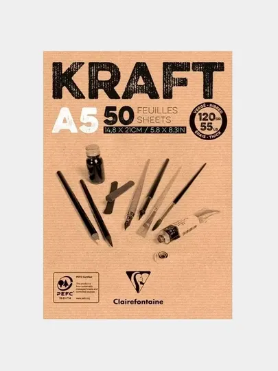Скетчбук-блокнот 50 л, А5 на склейке Clairefontaine "Kraft", 120г/м2, верже, крафт 975814C