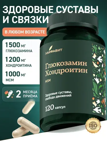 Глюкозамин+хондроитин+МСМ / Glucosamine Chondroitin MSM витамины для суставов, связок и костей 120 капсул , хондропротектор