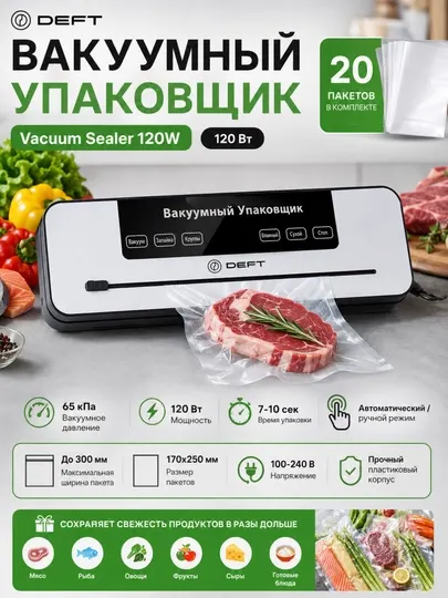 Вакууматор DEFT Vacuum Sealer, электронный, защита от перегрева, 120Вт
