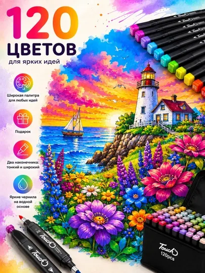 Скетч-маркеры для рисования Touch 120 цветов Двухсторонние фломастеры в сумке