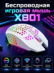Мышь беспроводная игровая X801 2.4G, компьютерная мышка с RGB подсветкой, 6 кнопок, DPI 800/1200/1600, аккумулятор 600 мАч, USB ресивер