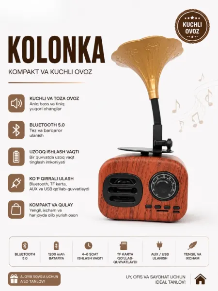Ретро Bluetooth колонка, беспроводной мини-динамик, TF/AUX/USB, аккумулятор 1200 мАч