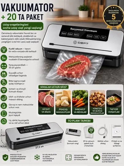 Вакууматор бытовой для продуктов питания Deft 120W вакуумный упаковщик + 20 пакетов