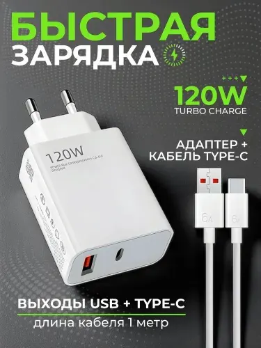 Зарядное устройство для телефона AlisaFox Блок питания USB TYPE C 120W Зарядка USB TYPE C для iPhone 15-17 и Android