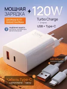 Зарядка для телефона быстрая Блок питания USB TYPE C 120W Зарядное устройство для iPhone 15-17 и Android