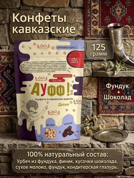 Секреты Кавказа Натуральные конфеты АУФФ фундук + шоколад 125г