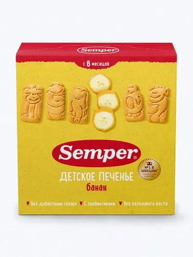 Печенье детское Semper с 6 месяцев, банановое, без сахара, 125 г